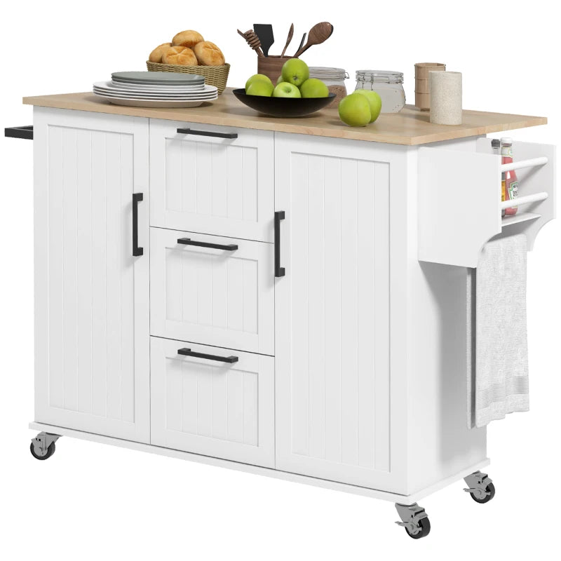 Rolling Kitchen Island Cart w Drop-leaf Dining Countertop Bar, Storage Drawers, Wood Top, White