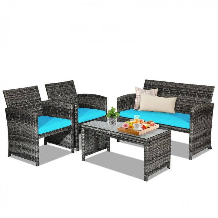 4pc Rattan Wicker Conversation Furniture Loveseat Set w Cushions for Outdoor Patio, Grey, Turquoise