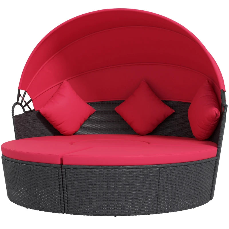 4pc PE Rattan Wicker Round Canopy Daybed Lounge Patio Sectional Sofa Set w Cushions, Black, Red