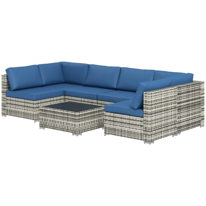 7pc PE Rattan Wicker Sectional Conversation Furniture Set w Cushions Outdoor Patio - Blue & Grey