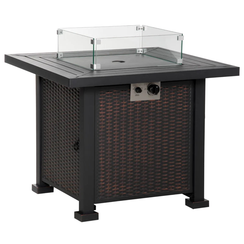 32" 50,000 BTU Propane Gas Fire Pit Table w Stones, Glass Shield, Rattan Design, Bronze Brown