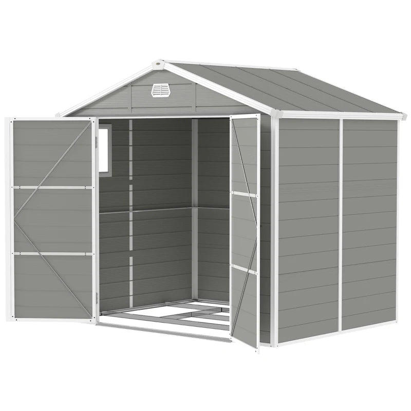 8' x 6' Plastic Garden Storage Shed with Latch Door, Vents, and Sloped Roof - Durable Weatherproof Outdoor Storage