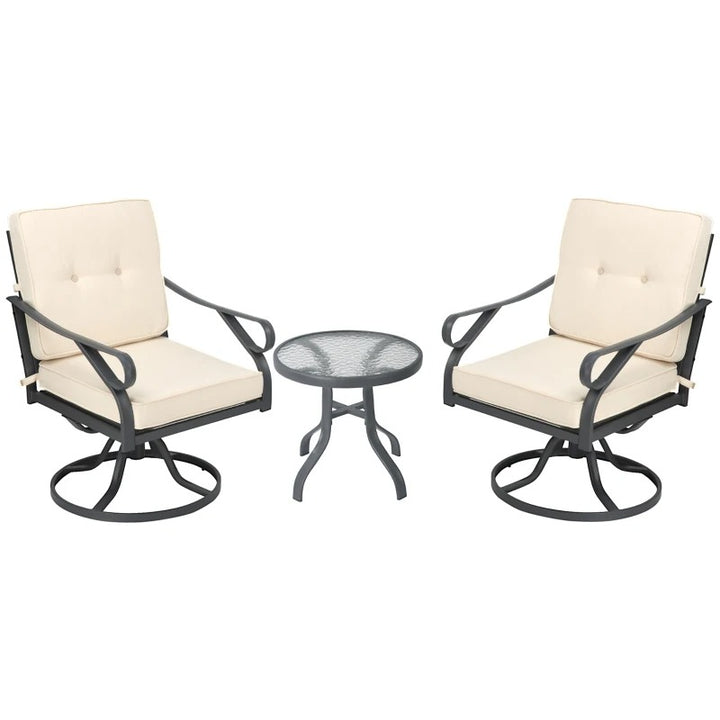 3pc Metal Bistro Set w Swivel Rocker Chairs & Glass Table for Outdoor Patio, Cream White & Grey