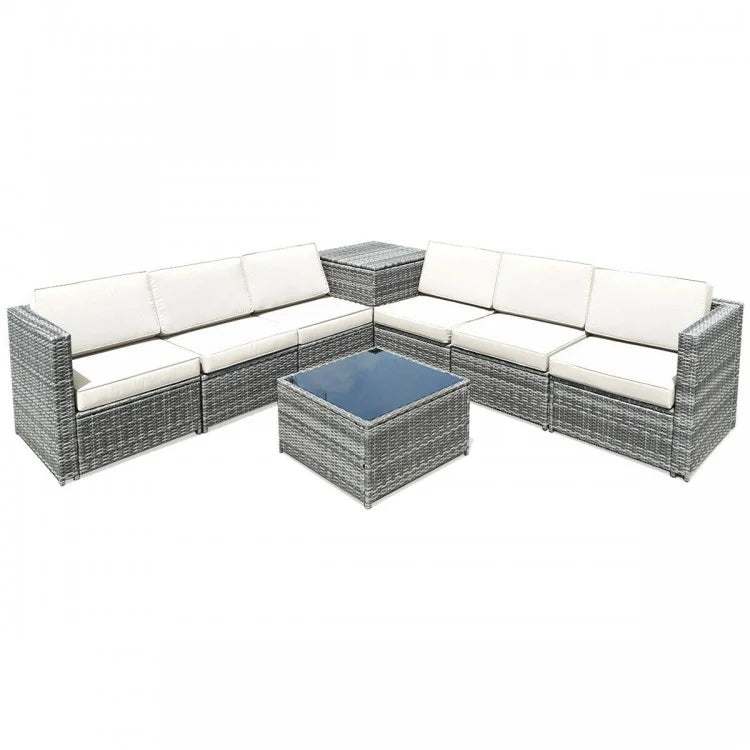 8pc L-Shape Rattan Wicker Sectional w Storage, Cover, Outdoor Patio Furniture, Grey, White