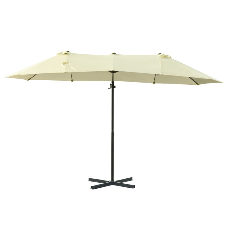 15ft Tilting Offset Cantilever Double Twin Canopy Patio Deck Umbrella w Cross Base Stand, Beige