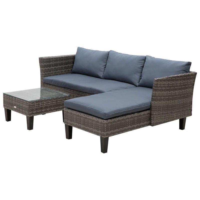 3pc Compact PE Rattan Wicker L-Shape Outdoor Patio Conversation Sofa Set w Cushions - Grey