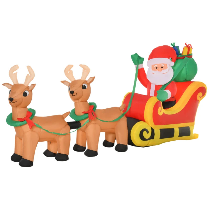 NEW 8ft Long Holiday Christmas Outdoor Inflatable Lawn Decor w Lights - Santa, Two Reindeer, Sleigh