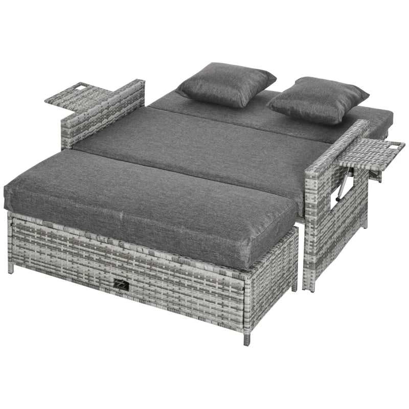 2pc PE Rattan Wicker Convertible Sofa Loveseat Daybed Lounger, Ottoman, Cushions Outdoor, Grey