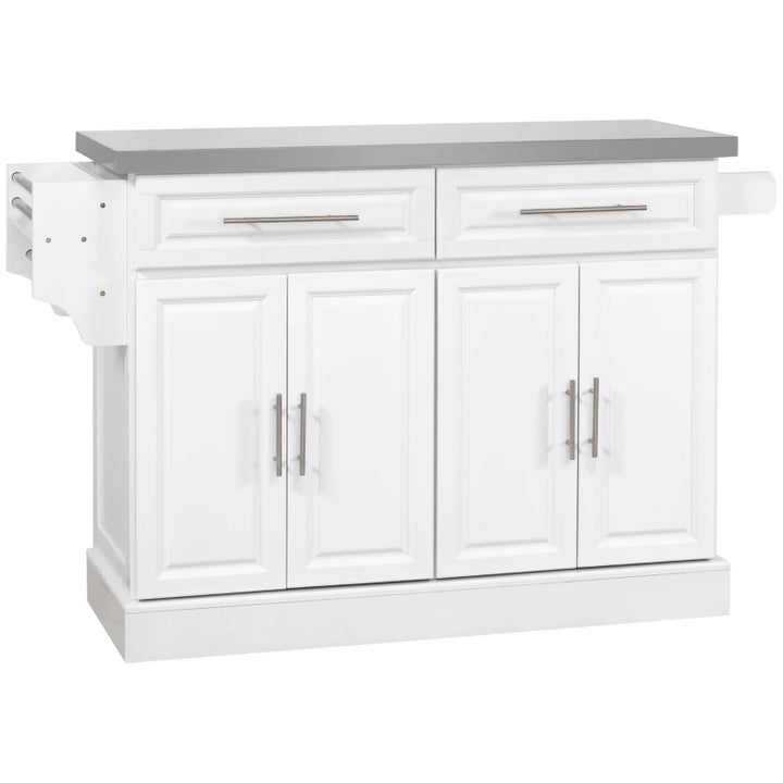 Large Rolling Kitchen Island Storage Cart Cabinet Dining Sideboard w Stainless Steel Top, White