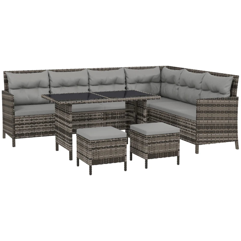 6pc L-Shape PE Rattan Wicker Outdoor Dining Patio Furniture Set w Cushions, Ottomans, Lt Grey