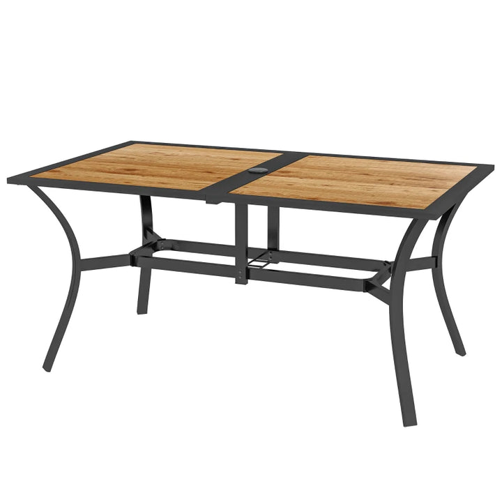 59" x 35" Sleek Steel Plastic Wood Top Dining Table for Outdoor Patio, Natural Grain, Black