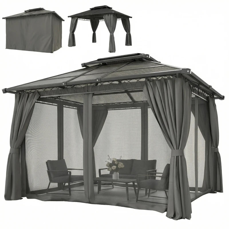 10'x12' Outdoor Gazebo Canopy Double Roof Hardtop with Polycarbonate Roof and Curtains - Durable Patio and Garden Shelter