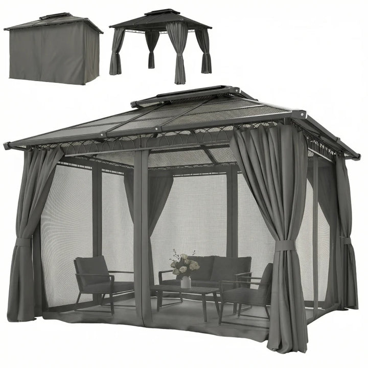 10'x12' Outdoor Gazebo Canopy Double Roof Hardtop with Polycarbonate Roof and Curtains - Durable Patio and Garden Shelter