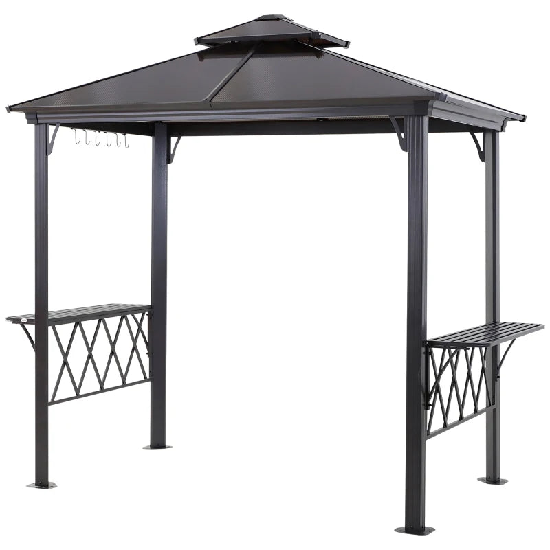 9' x 5' Deluxe Gazebo Pergola Canopy Shelter w/ PC Hardtop Roof, Shelves for BBQ Grill - Black