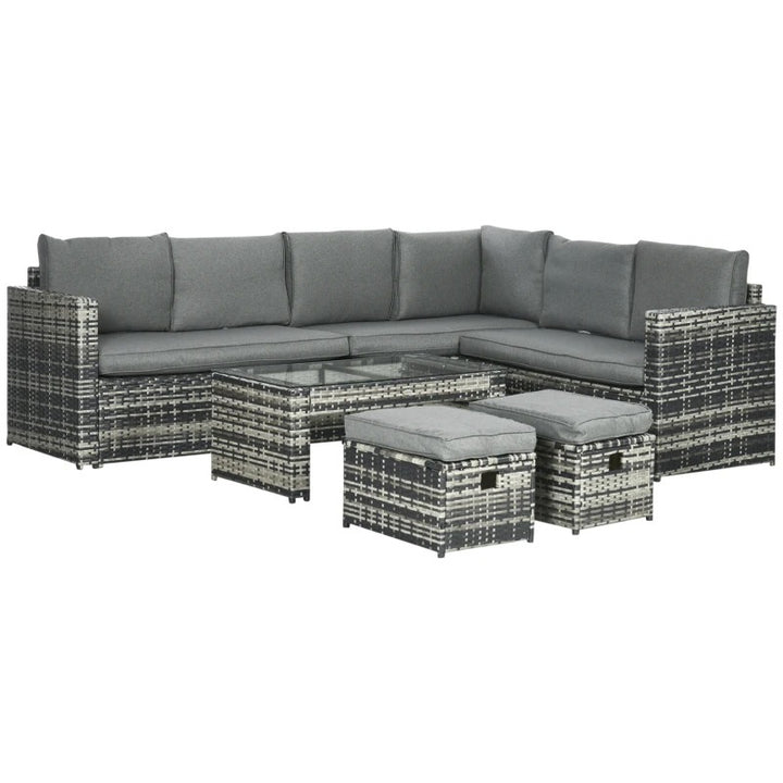 6pc L-Shape PE Rattan Wicker Sofa Conversation Set w Ottomans, Cushions for Outdoor Patio, Grey