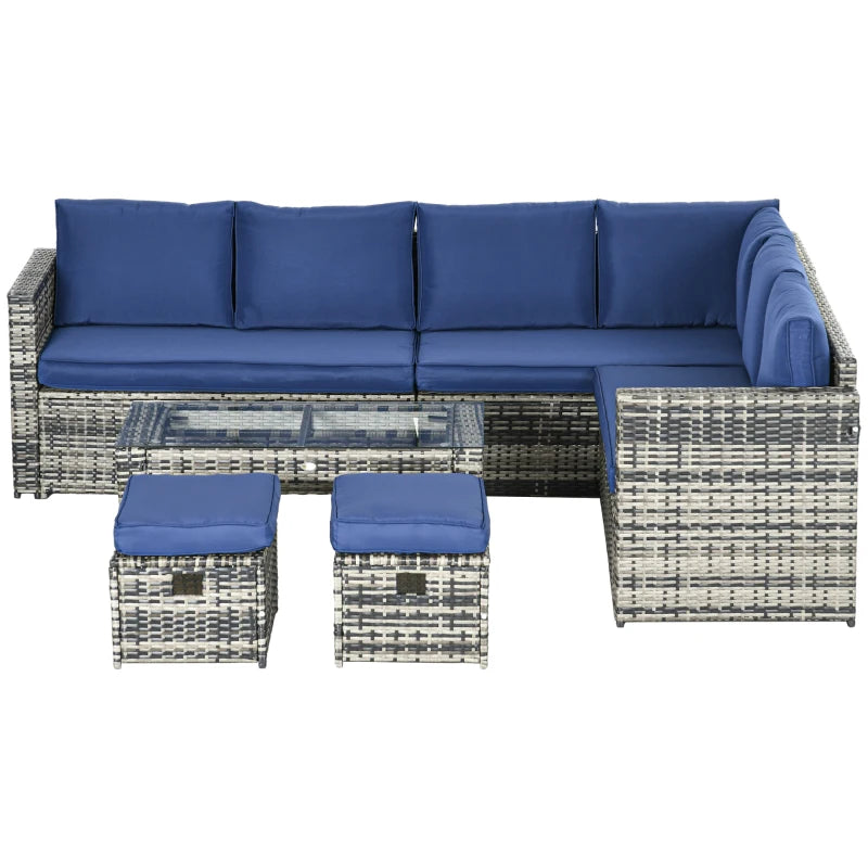 6pc L-Shape PE Rattan Wicker Conversation Outdoor Patio Sofa Set, Cushions Ottomans, Blue, Grey