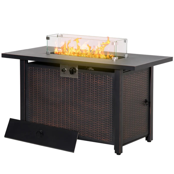 43" 50,000 BTU Propane Gas Fire Pit Table w Stones, Glass Shield, Rattan Design, Bronze Brown