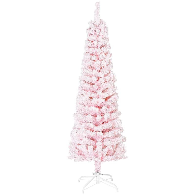 5ft 390-Tip Unlit Snow Flocked Slim Artificial Pencil Christmas Holiday Fake Xmas Tree, Pink