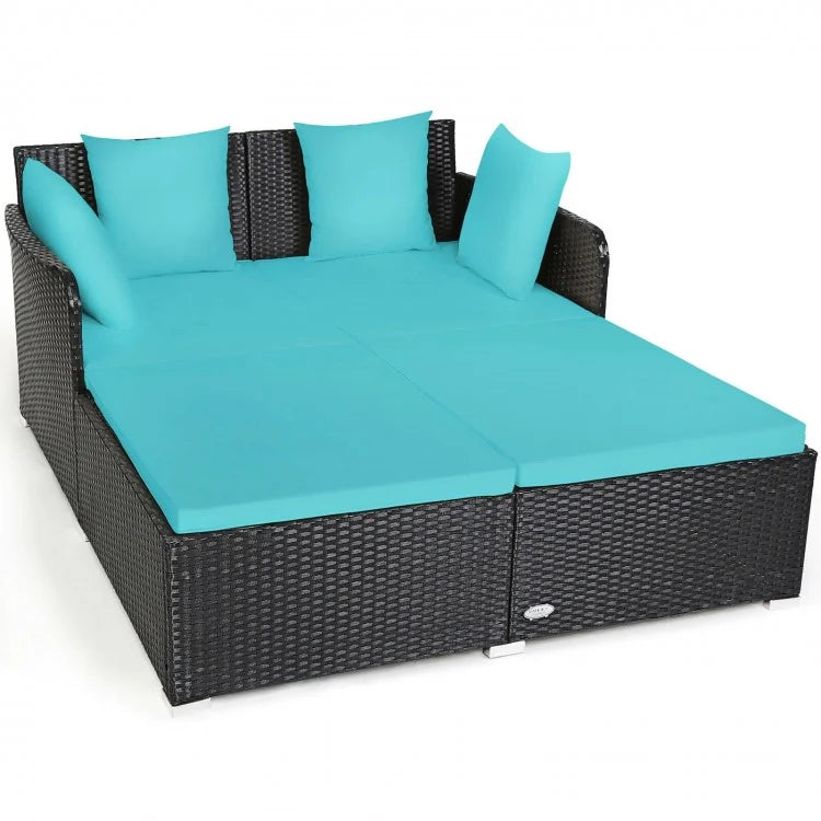 Double Rattan Wicker Daybed Sun Lounger Sofa Chaise w Cushions for Outdoor Patio, Turquoise, Black