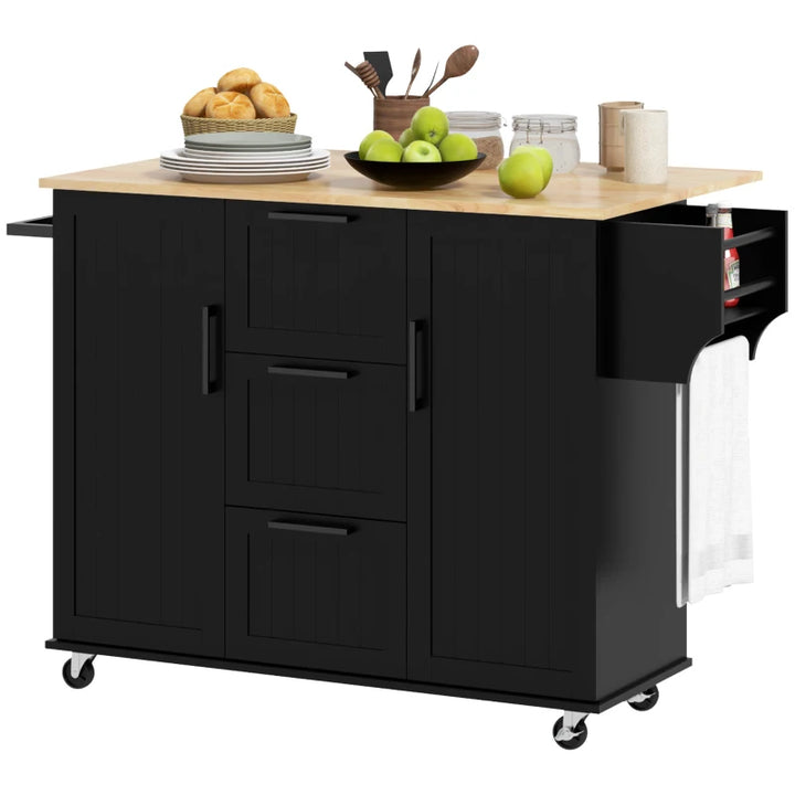 Rolling Kitchen Island Cart w Drop-leaf Dining Countertop Bar, Storage Drawers, Wood Top, Black