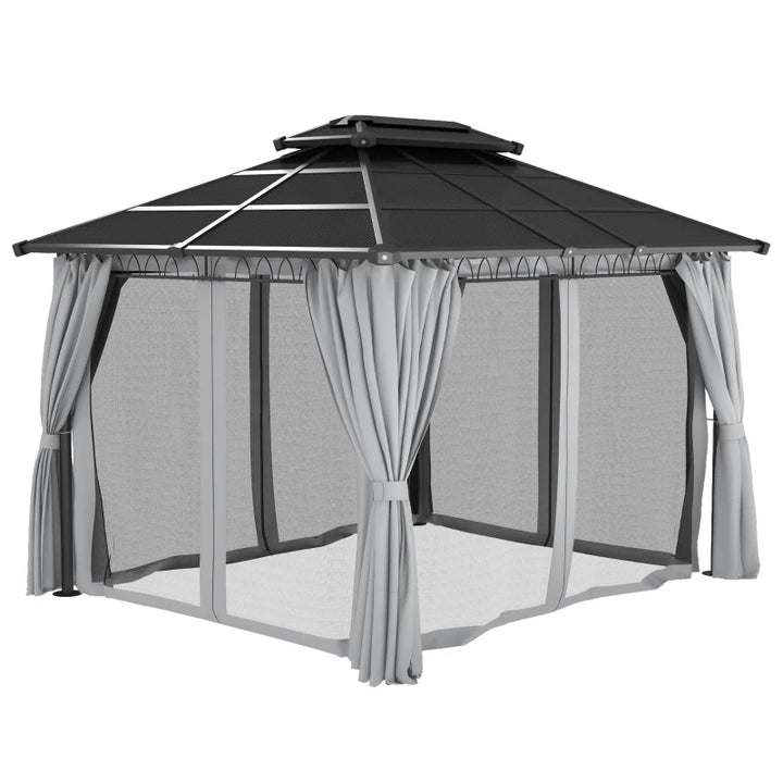 12' x 10' 2-Tier Tinted PC Hardtop Aluminum Gazebo Canopy Shelter, Curtain, Mesh - Black, Grey