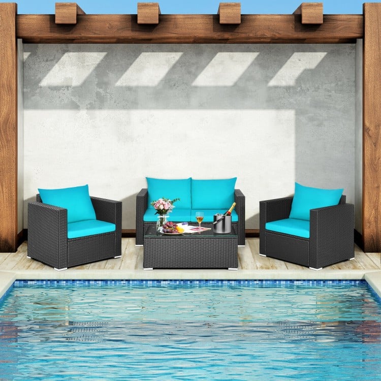 4pc Rattan Wicker Furniture Set w Loveseat Armchairs Cushions Outdoor Patio, Black, Turquoise Blue