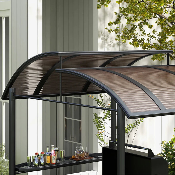 8' x 5' Aluminum Steel Grill Gazebo Canopy Shelter w PC Hardtop Tiered Roof, Shelves, Dark Grey