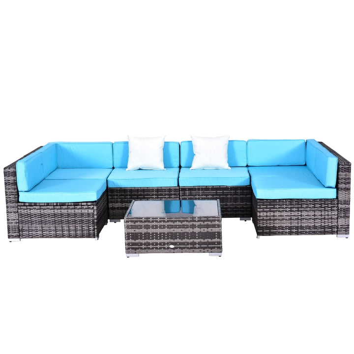 7pc PE Rattan Wicker Sectional Conversation Furniture Set w/ Cushions Deck Patio, Lt Blue, Grey