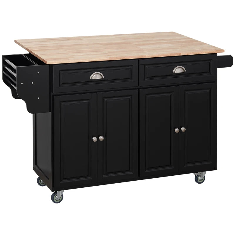 Rolling Kitchen Island Cart w Drop-leaf Dining Countertop Bar, Storage Cabinet, Wood Top, Black