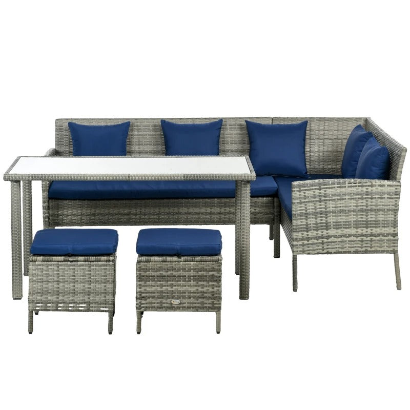 5pc L Shape PE Rattan Wicker Galv Steel Dining Table Set w Cushions Patio Deck, Grey, Navy Blue