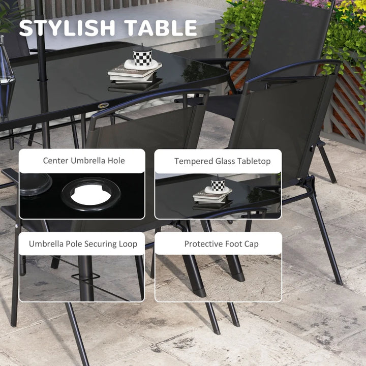 8pc Outdoor Patio Dining Set w 6 Folding Mesh Chairs, Black-Glass Table, Tilt Umbrella, Black