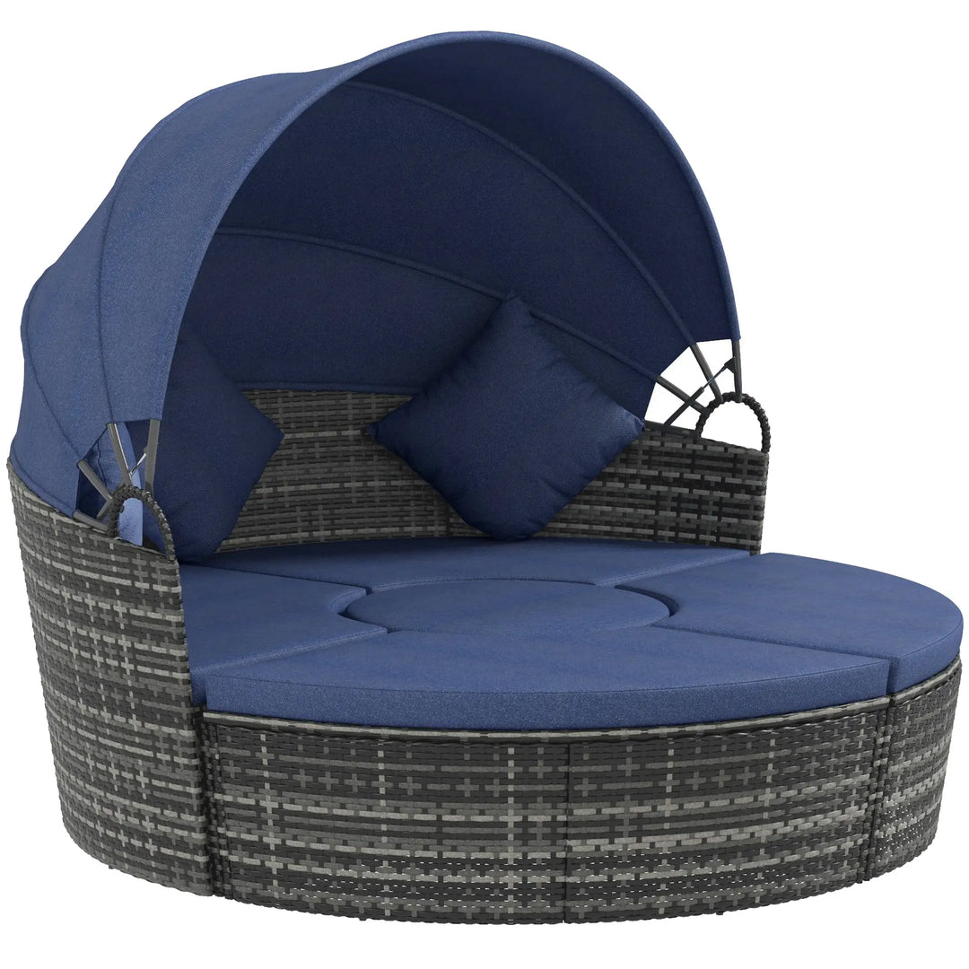 4pc Rattan Wicker Round Canopy Daybed Lounge Outdoor Patio Sofa Set w Cushions, Grey, Dk Navy Blue