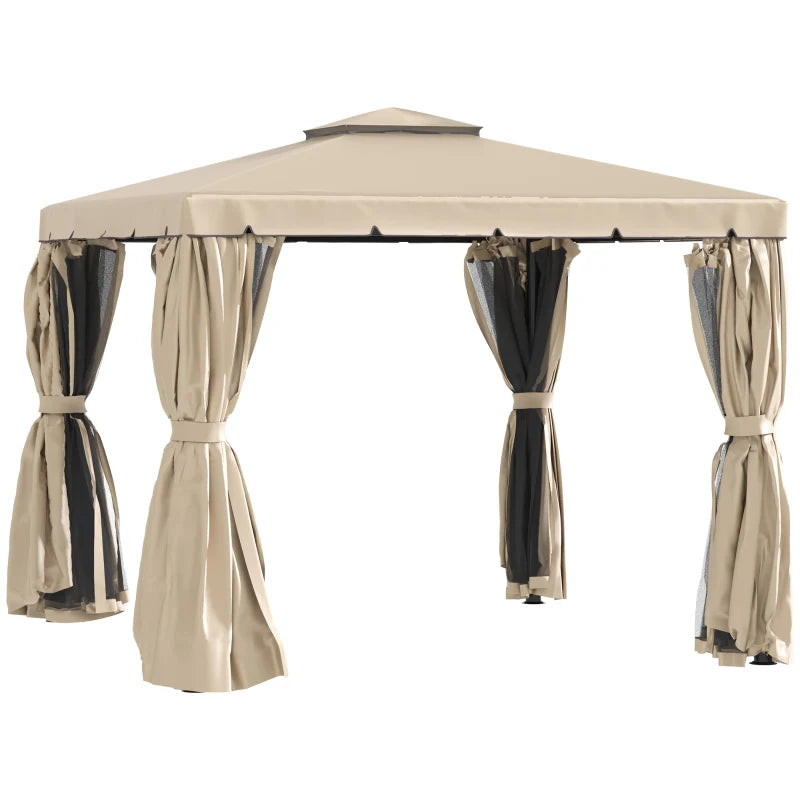 10' x 10' Outdoor Soft-top Gazebo Canopy Shelter 2-Tier Fabric Roof, Curtain, Mesh, Khaki Beige