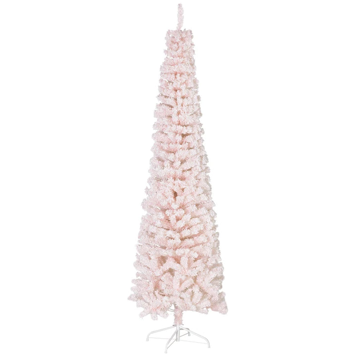 7.5ft 738-Tip Unlit Snow Flocked Slim Artificial Pencil Christmas Holiday Fake Xmas Tree, Pink