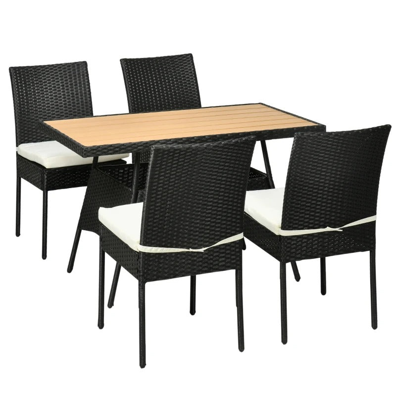 5pc Elegant PE Rattan Wicker Dining Set w Composite Wood-Look Table Outdoor Patio, Black, Cream