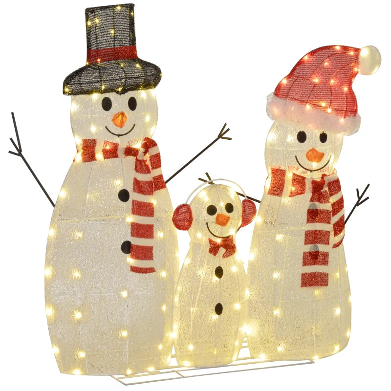 3ft Cute Outdoor Holiday Christmas Light-Up Lawn Decoration Steel, 148 Lights, 3 Snowman Family