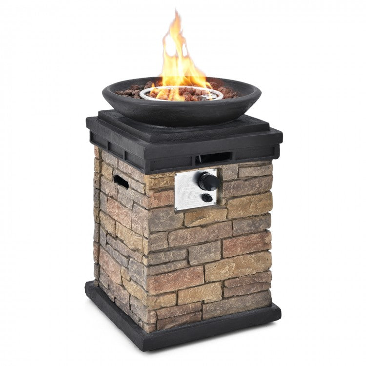 40,000 BTU Propane Fire Pit Bowl Column Heater w Cover for Outdoor Garden Patio, Brown Stone Design