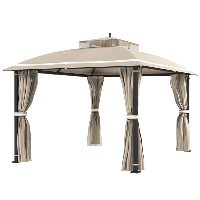 10x12 Outdoor Gazebo Double Roof Patio Canopy with Netting and Curtains - Durable Metal Garden Shelter