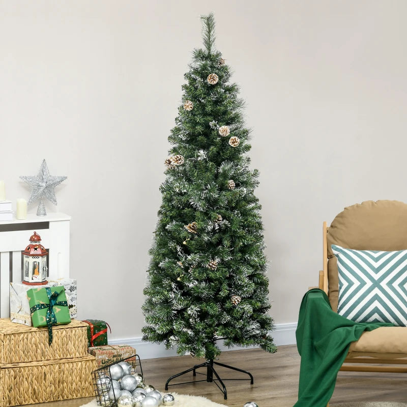 6ft 618-Tip Unlit Slim Artificial Christmas Holiday Tree w Pine Cones, Snowy Tips, Xmas Green