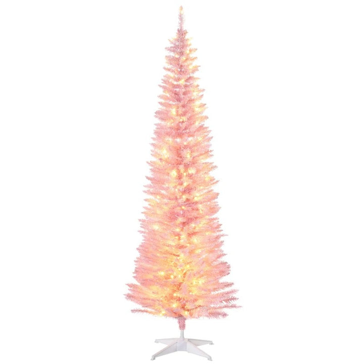 6ft 390-Tip Pre-lit Slim Artificial Pencil Christmas Holiday Tree w 200 LED Lights, Base, Pink