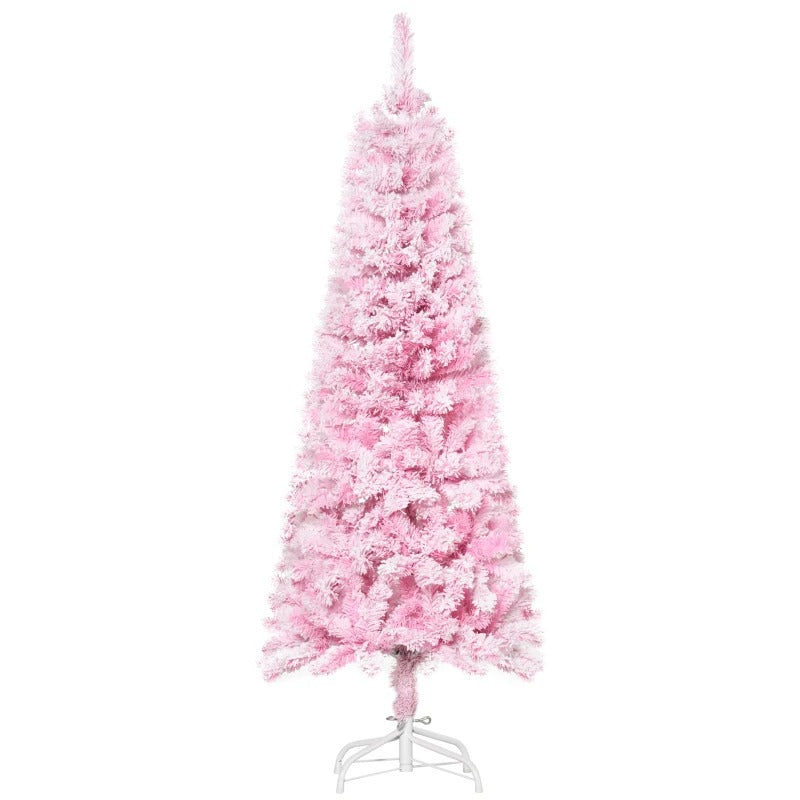 5ft 263-Tip Slim Snow Flocked Unlit Artificial Pencil Christmas Holiday Tree, Xmas Decor, Pink