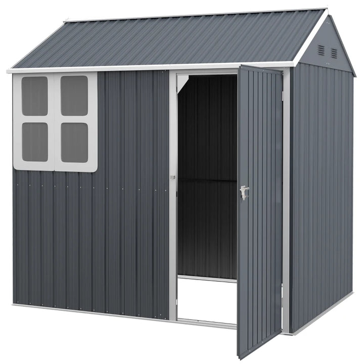 7’ x 5.6’ x 7.2’ Outdoor Metal Storage Shed w/ Lockable Doors, Vent, Sloped Roof - Dark Grey