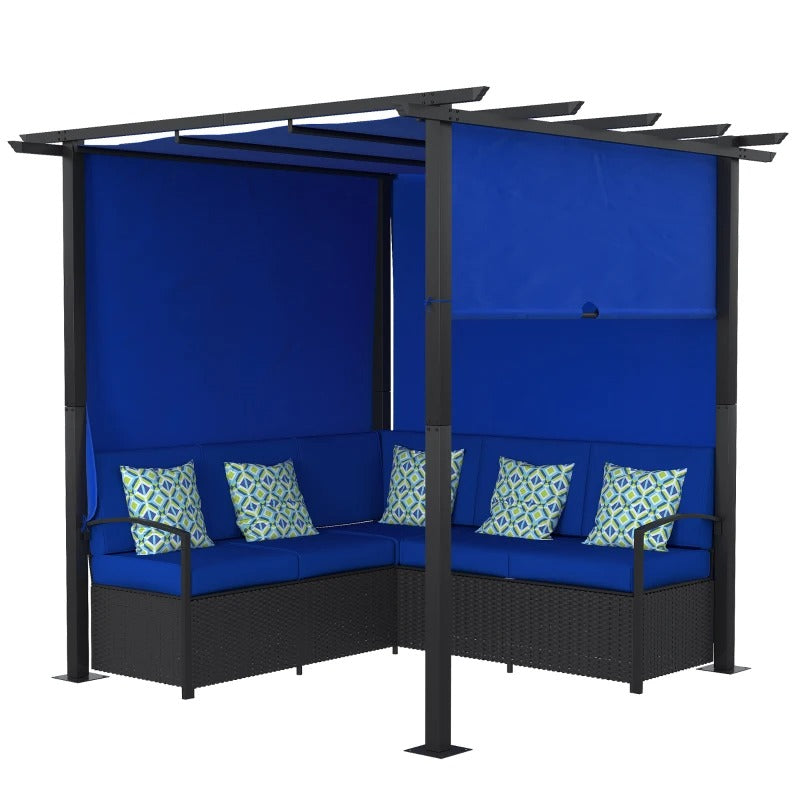 All-in-One Corner Rattan Wicker Outdoor Sofa Set Patio Cabana Pergola w Canopy, Cushions, Blue