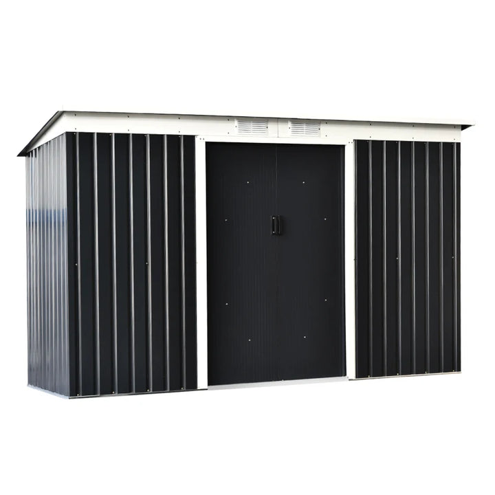 9’ x 4’ Outdoor Metal Storage Shed Organizer w Double Doors, Ventilation for Garden Tools, Grey