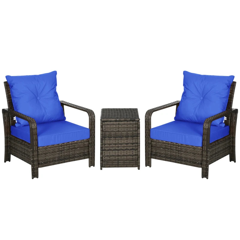 3pc PE Rattan Wicker Bistro Set w Armchairs, Cushions for Outdoor Deck Patio, Brown, Royal Blue