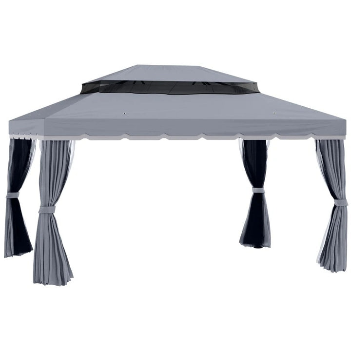 13' x 10' Aluminum Gazebo Canopy Outdoor Tent Shelter w Tiered Roof, Curtain, Mesh Net, Dk Grey