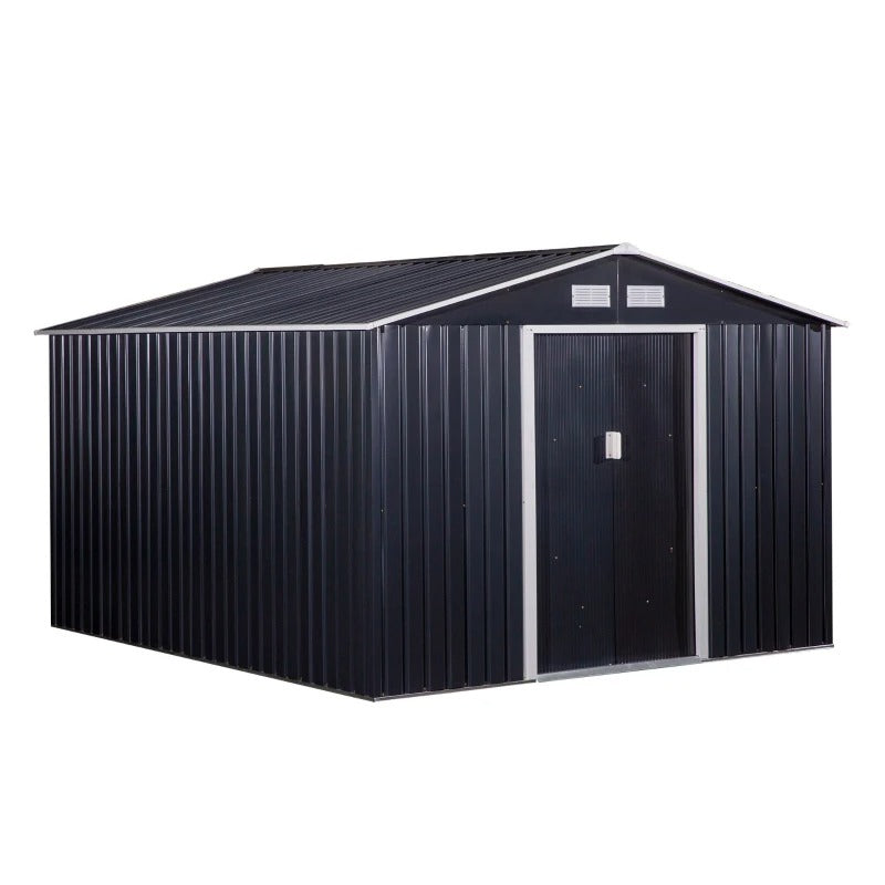 10.6 x 9.1 x 6.3’ Large Galv Steel Outdoor Storage Tool Work Shed for Garden Backyard, Dk Grey