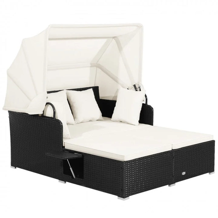 2-Person Rattan Wicker Canopy Daybed Lounge Chaise for Outdoor Patio, Cushions, Black, Cream White