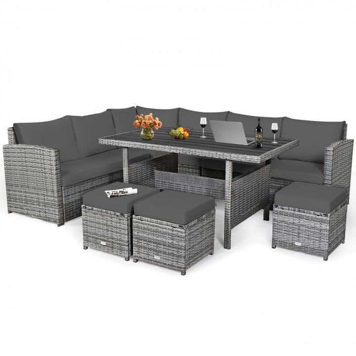 7pc L-Shape Rattan Wicker Dining Set Outdoor Patio Sectional w Table Cushions Ottomans, Mixed Grey