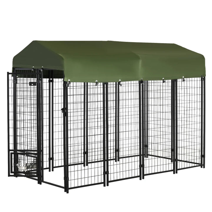 8' x 4' x 6' Steel Dog House, Bowl Holders, Roof Pen Kennel Shelter Heavy Duty Outdoor Dk Green